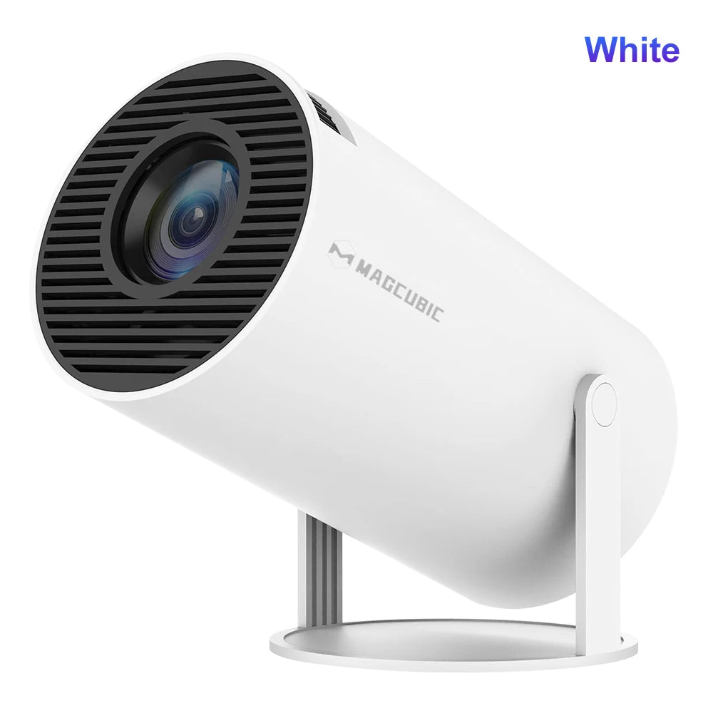 Compact Android 14 and WiFi 6 mini projector streaming a movie directly