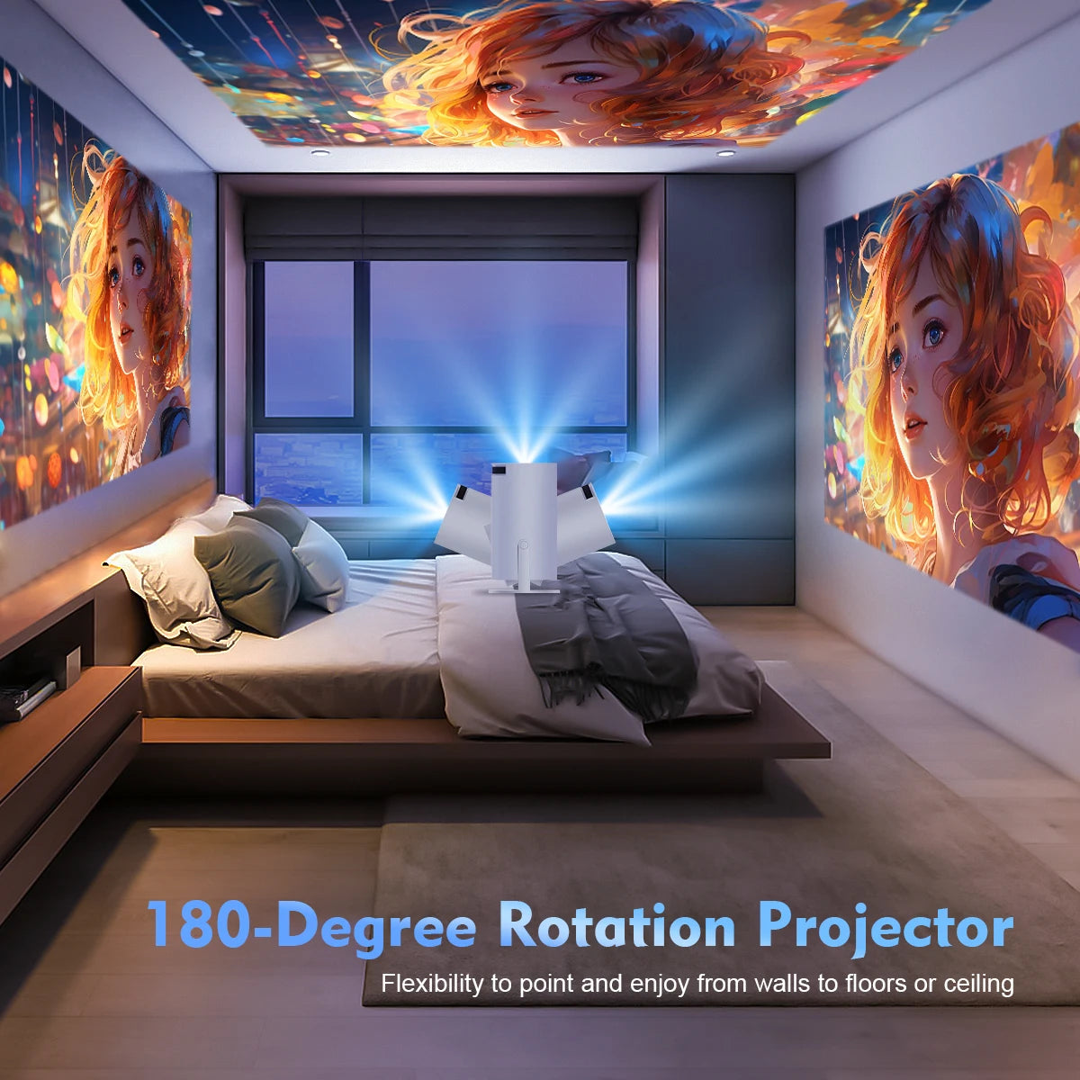 CineGlow Mini Projector projecting a vibrant movie screen on a living room wall