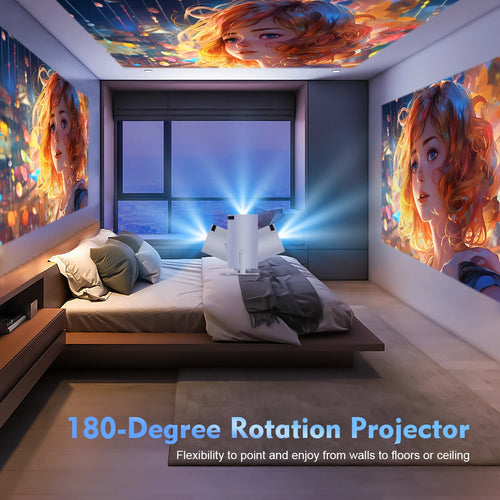 CineGlow Mini Projector projecting a vibrant movie screen on a living room wall
