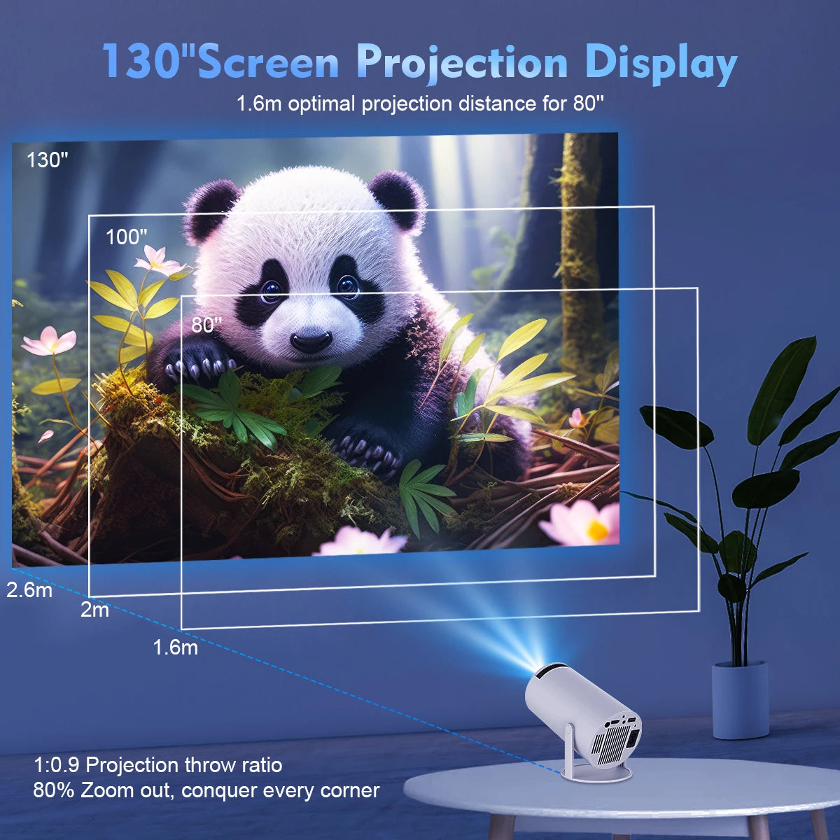 CineGlow Mini Projector projecting a vibrant movie screen on a living room wall
